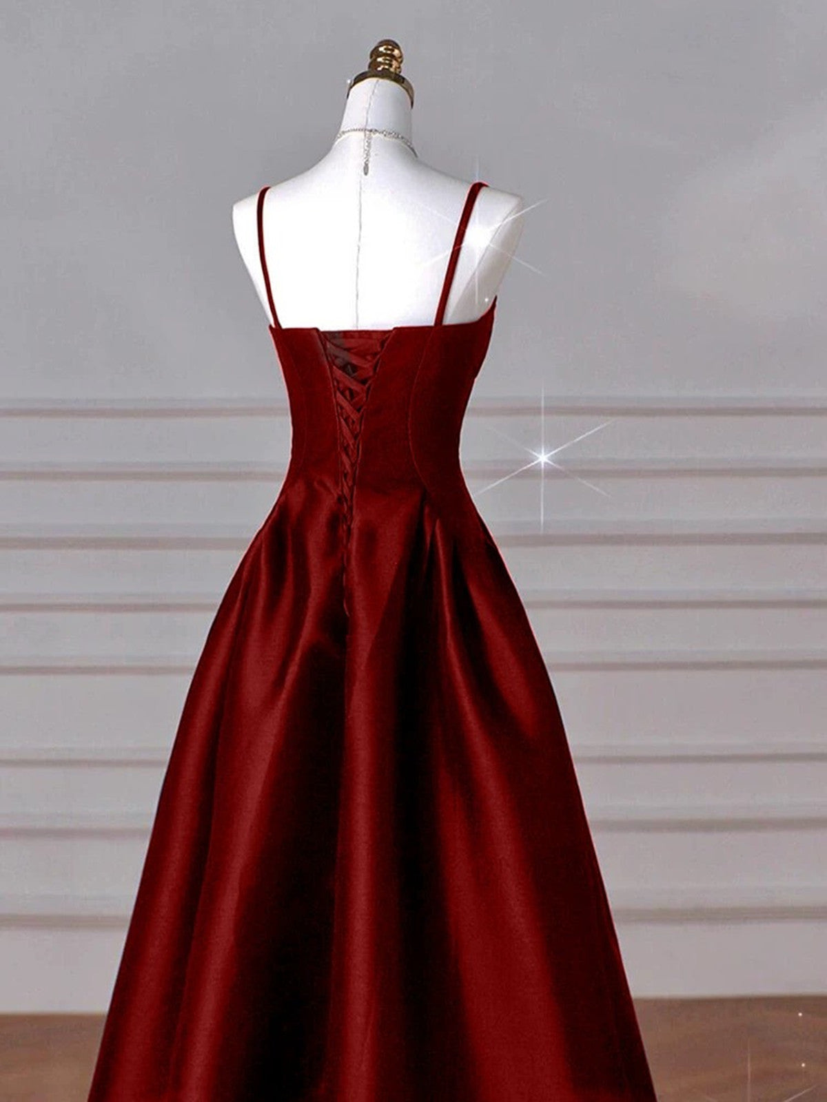 Wine Red Straps A-Line Floor Length Simple Party Dress, Wine Red Satin Classy Prom Dress