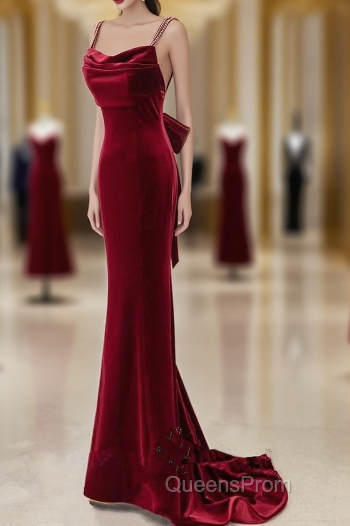 Wine Red Straps Low Back Mermaid Long Party Dress, Wine Red Evening Dress Main image