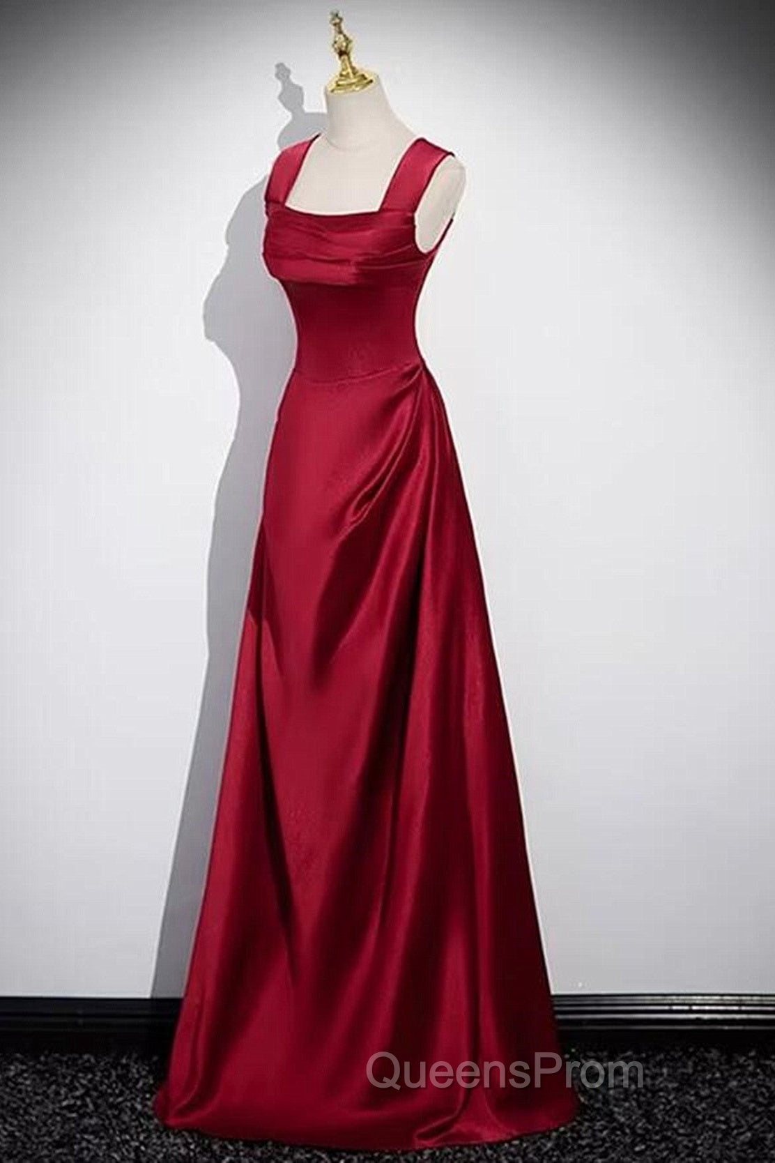 Wine Red Straps Satin Scoop Floor Length Evening Prom Dress, Wine Red Long Evening Dress Secondary image