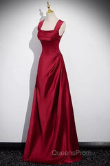 Wine Red Straps Satin Scoop Floor Length Evening Prom Dress, Wine Red Long Evening Dress