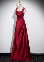 Wine Red Straps Satin Scoop Floor Length Classy Prom Dress, Wine Red Long Classy Evening Dress