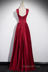 Wine Red Straps Satin Scoop Floor Length Evening Prom Dress, Wine Red Long Evening Dress