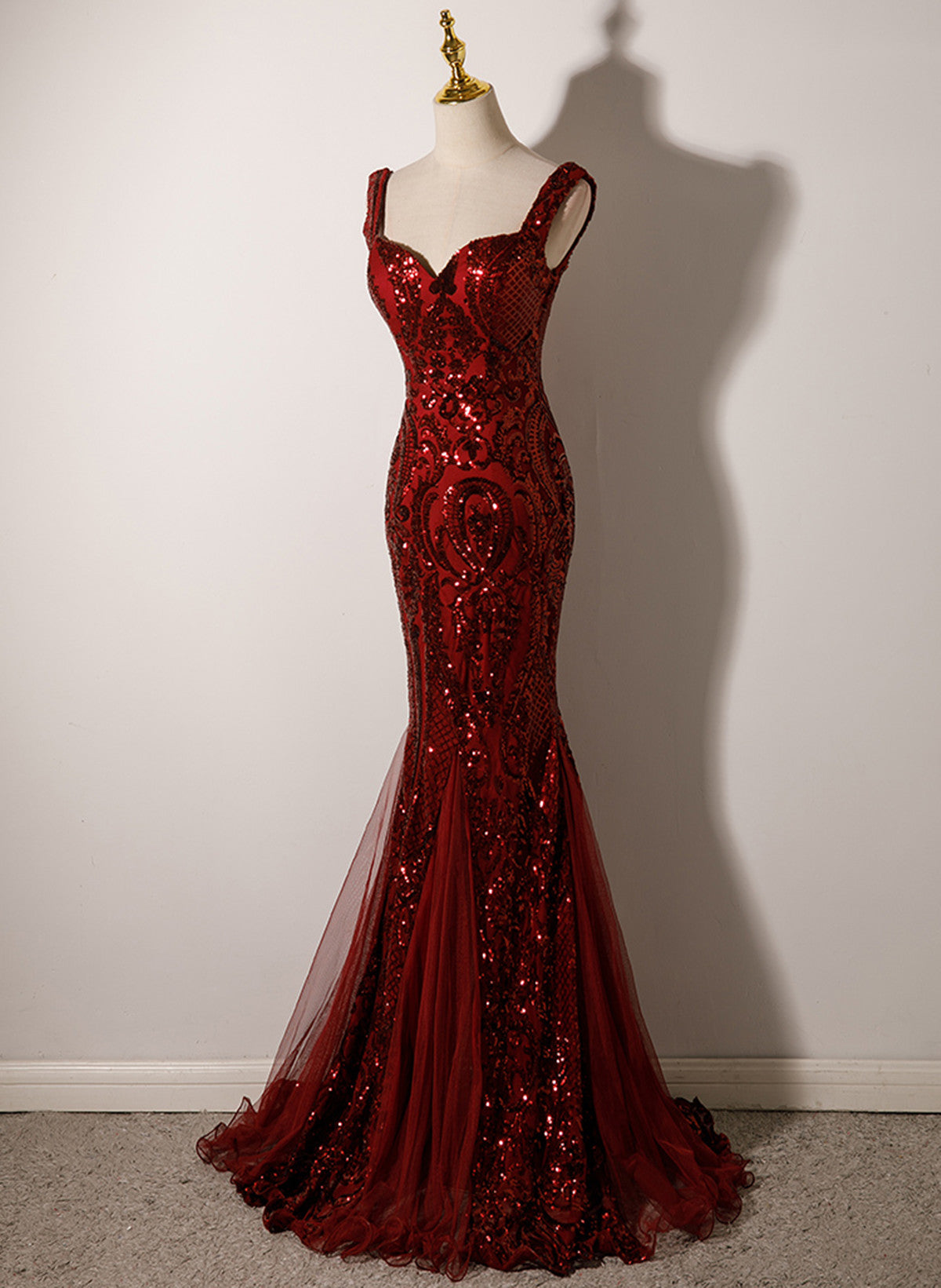 Wine Red Straps Sweetheart Mermaid Long Party Dress, Wine Red Sequins Classy Prom Dress