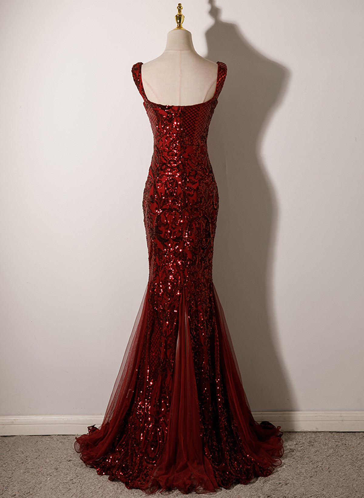 Wine Red Straps Sweetheart Mermaid Long Party Dress, Wine Red Sequins Classy Prom Dress