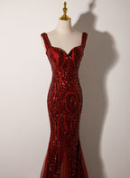 Wine Red Straps Sweetheart Mermaid Long Party Dress, Wine Red Sequins Classy Prom Dress