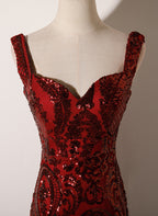 Wine Red Straps Sweetheart Mermaid Long Party Dress, Wine Red Sequins Classy Prom Dress