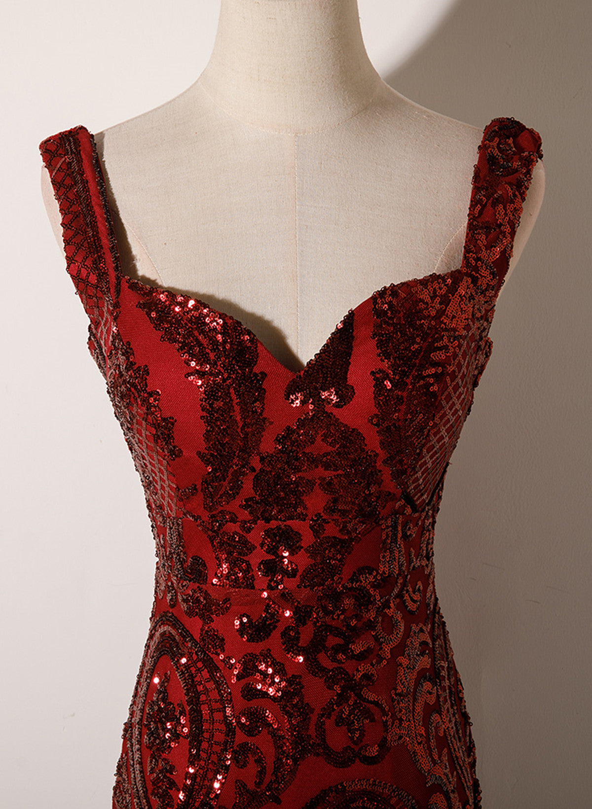 Wine Red Straps Sweetheart Mermaid Long Party Dress, Wine Red Sequins Classy Prom Dress