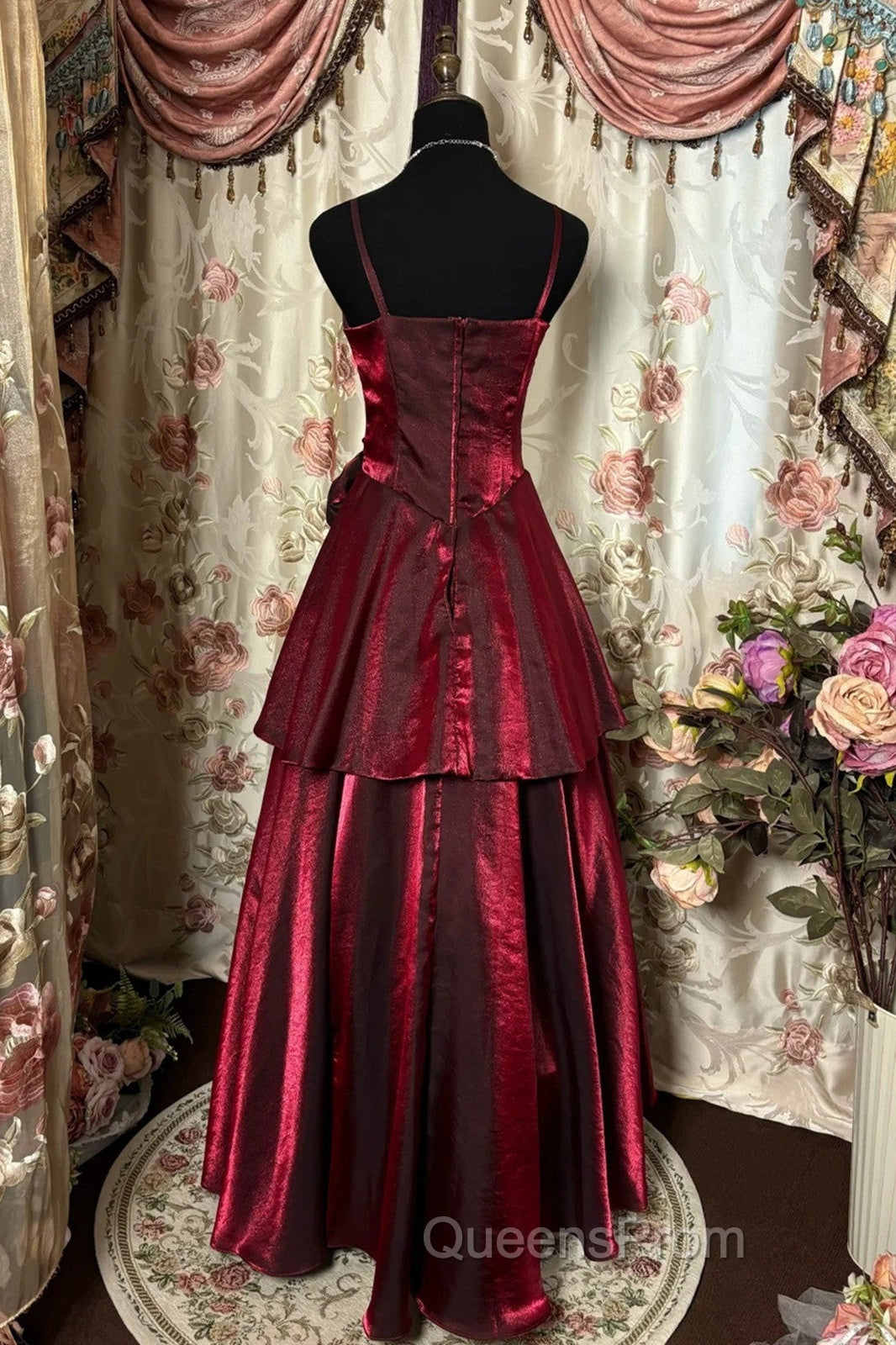 Wine Red Straps Sweetheart Vintage Style Party Dress, Wine Red Evening Prom Dress Secondary image