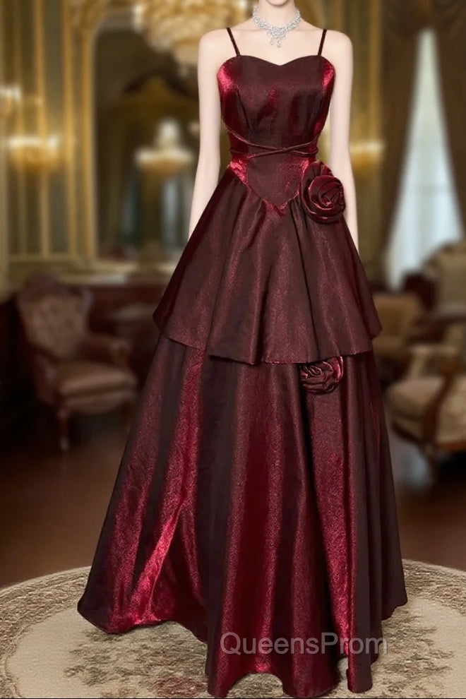 Wine Red Straps Sweetheart Vintage Style Party Dress, Wine Red Evening Prom Dress Main image