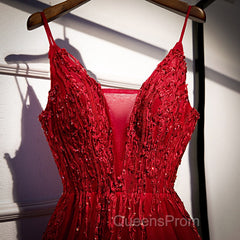 Wine Red Straps V-Neckline Lace Applique Long Evening Prom Dress, Dark Red Formal Dress