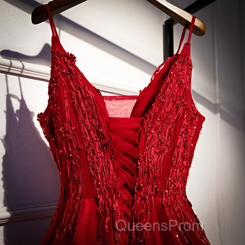Wine Red Straps V-Neckline Lace Applique Long Evening Prom Dress, Dark Red Formal Dress