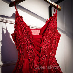 Wine Red Straps V-Neckline Lace Applique Long Evening Prom Dress, Dark Red Formal Dress