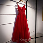 Wine Red Straps V-Neckline Lace Applique Long Evening Prom Dress, Dark Red Formal Dress