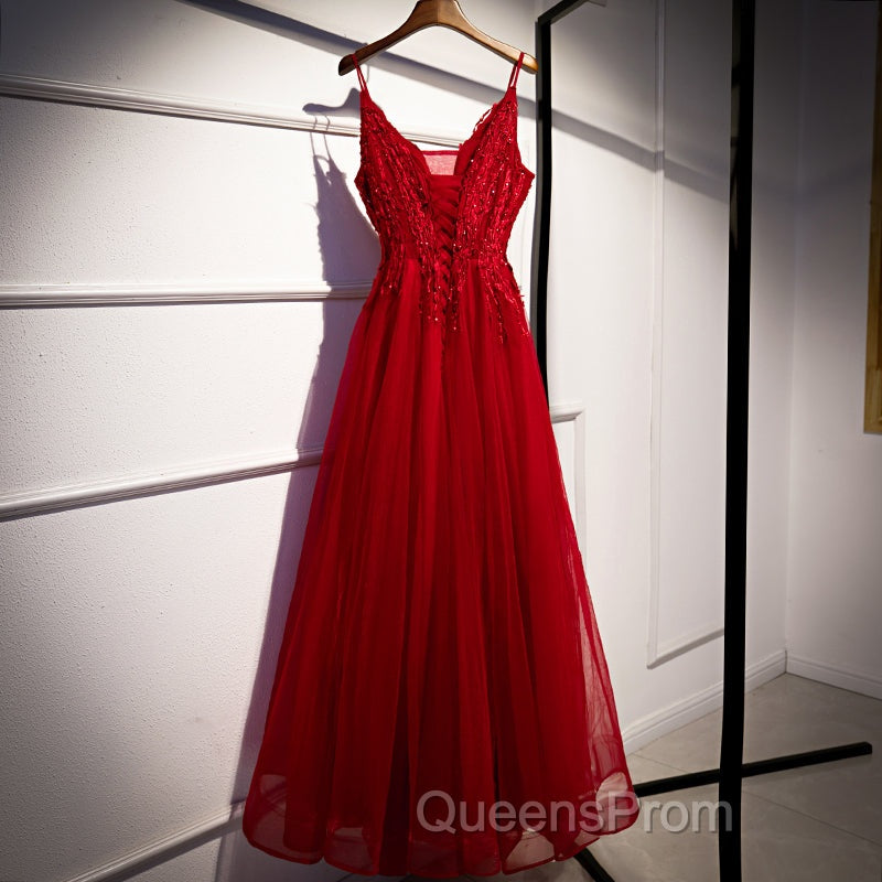 Wine Red Straps V-Neckline Lace Applique Long Evening Prom Dress, Dark Red Formal Dress