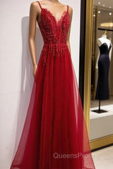 Wine Red Straps V-Neckline Lace Applique Long Evening Prom Dress, Dark Red Formal Dress