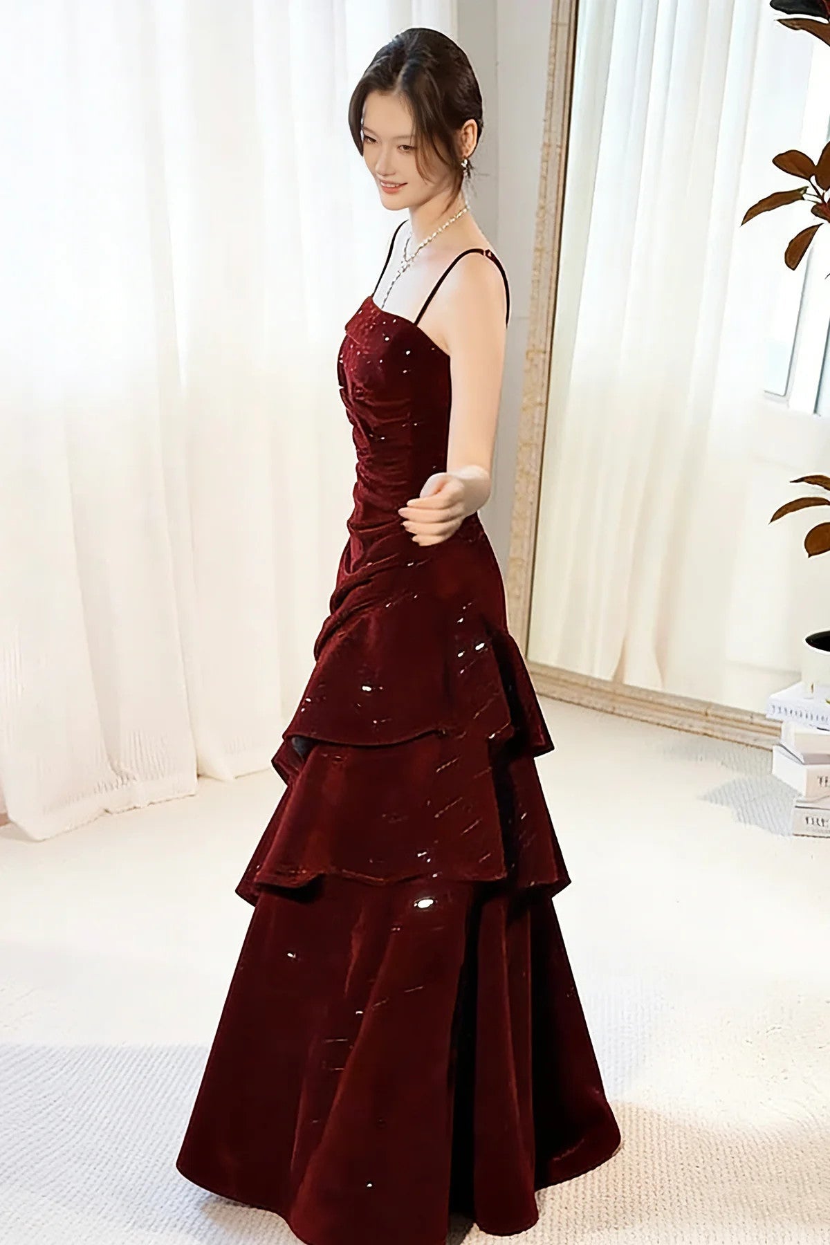 Wine Red Straps Velvet Long Classy Dress, Wine Red Velvet Layers Classy Prom Dress Classy Evening Dress Secondary image