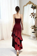 Wine Red Straps Velvet Long Classy Dress, Wine Red Velvet Layers Classy Prom Dress Classy Evening Dress