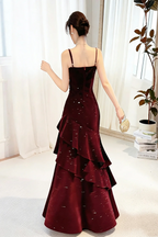 Wine Red Straps Velvet Long Classy Dress, Wine Red Velvet Layers Classy Prom Dress Classy Evening Dress