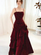 Wine Red Straps Velvet Long Classy Dress, Wine Red Velvet Layers Classy Prom Dress Classy Evening Dress