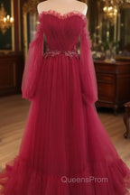 Wine Red Sweetheart Beaded Off Shoulder Party Dress, Wine Red Bridesmaid Dress