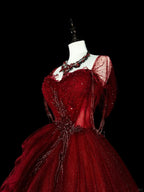 Wine Red Sweetheart Beaded Tulle Classy Dress, Off Shoulder Sweet 16 Dress