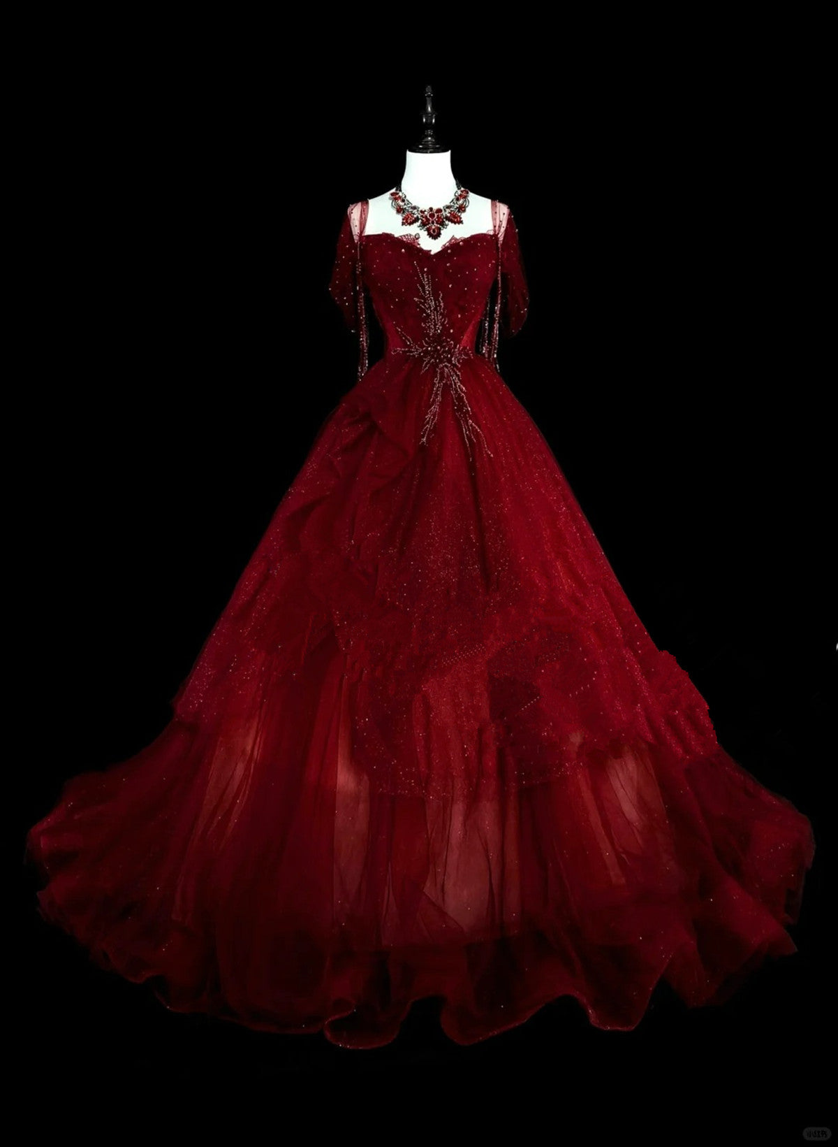 Wine Red Sweetheart Beaded Tulle Classy Dress, Off Shoulder Sweet 16 Dress