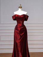 Wine Red Sweetheart Floor Length Party Dress, Off Shoulder Wine Red Satin Classy Prom Dress