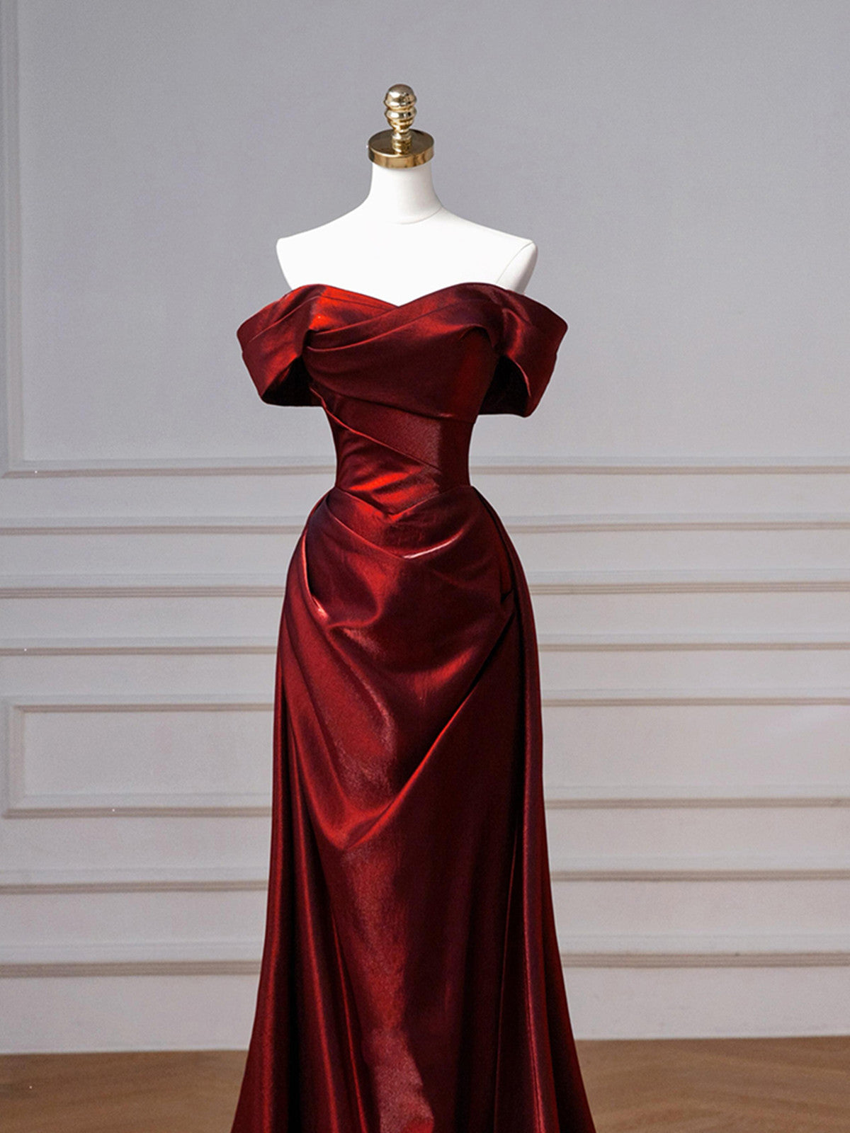 Wine Red Sweetheart Floor Length Party Dress, Off Shoulder Wine Red Satin Classy Prom Dress