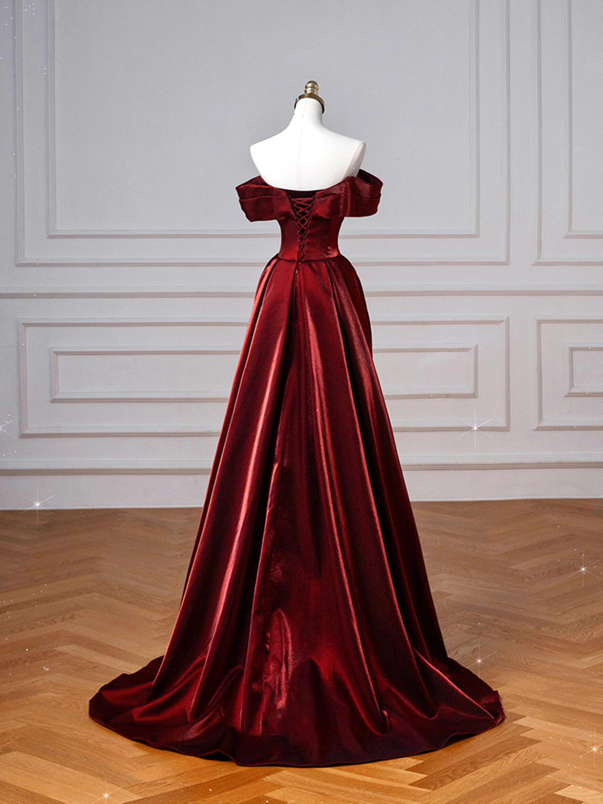 Wine Red Sweetheart Floor Length Party Dress, Off Shoulder Wine Red Satin Classy Prom Dress