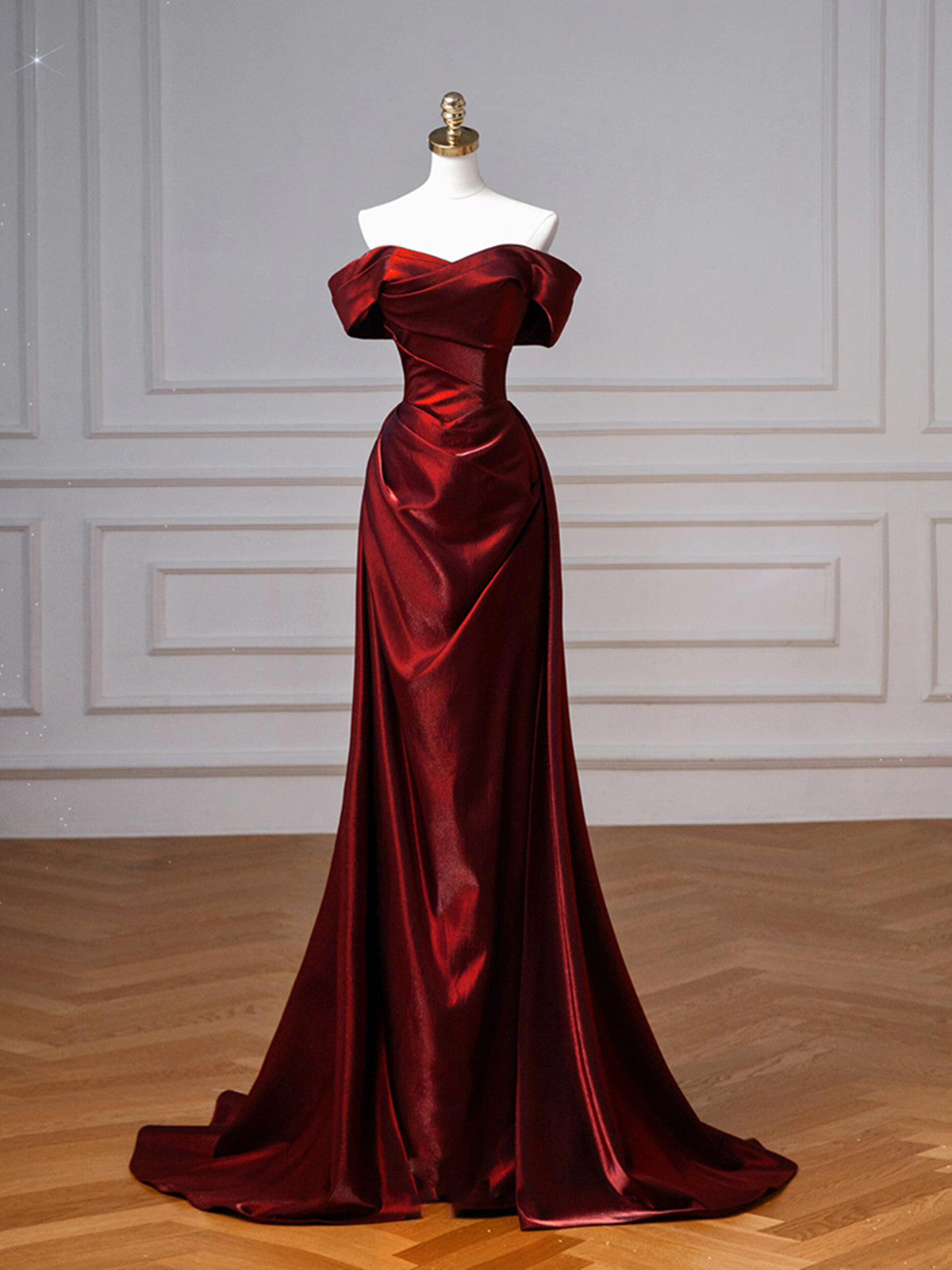 Wine Red Sweetheart Floor Length Party Dress, Off Shoulder Wine Red Satin Classy Prom Dress Main image