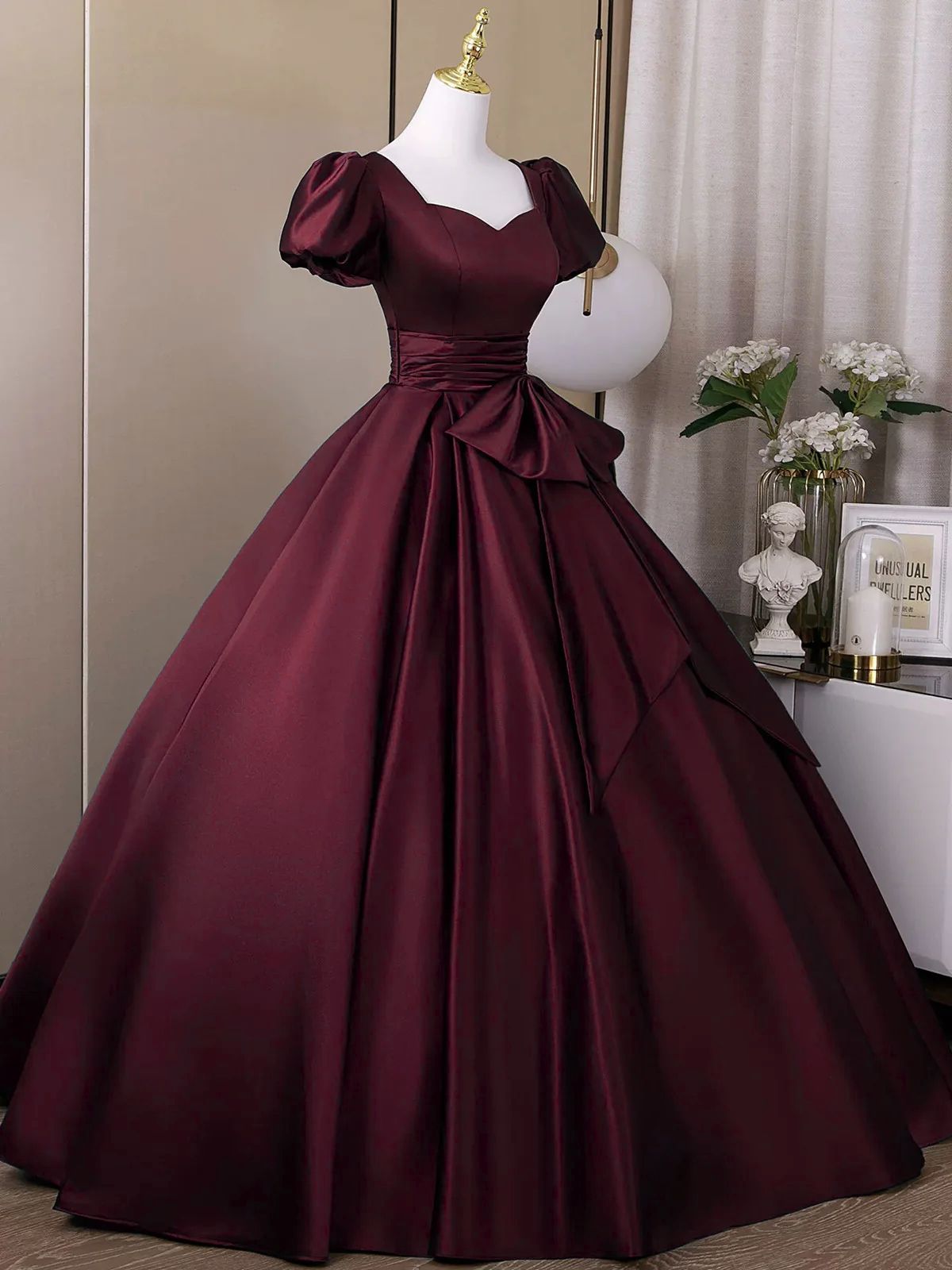 Wine Red Sweetheart Satin Long Classy Dress, Short Sleeves Wine Red Classy Prom Dress Secondary image
