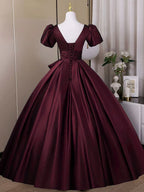 Wine Red Sweetheart Satin Long Classy Dress, Short Sleeves Wine Red Classy Prom Dress