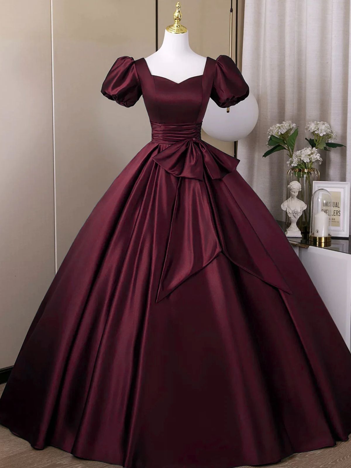 Wine Red Sweetheart Satin Long Classy Dress, Short Sleeves Wine Red Classy Prom Dress Main image