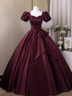 Wine Red Sweetheart Satin Long Classy Dress, Short Sleeves Wine Red Classy Prom Dress