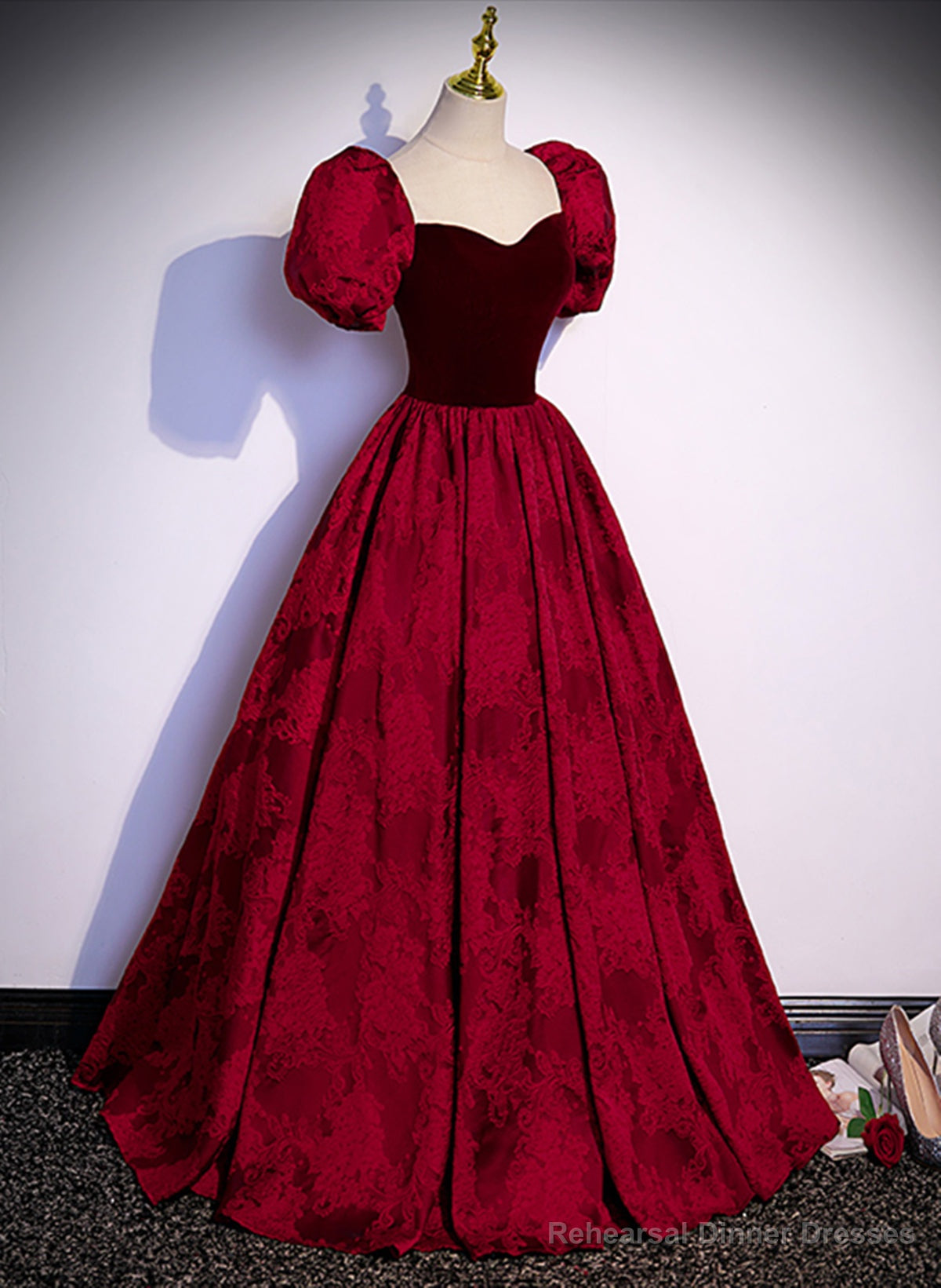 Wine Red Sweetheart Short Sleeves Long Party Dress, Wine Red Evening Dress Prom Dress Main image