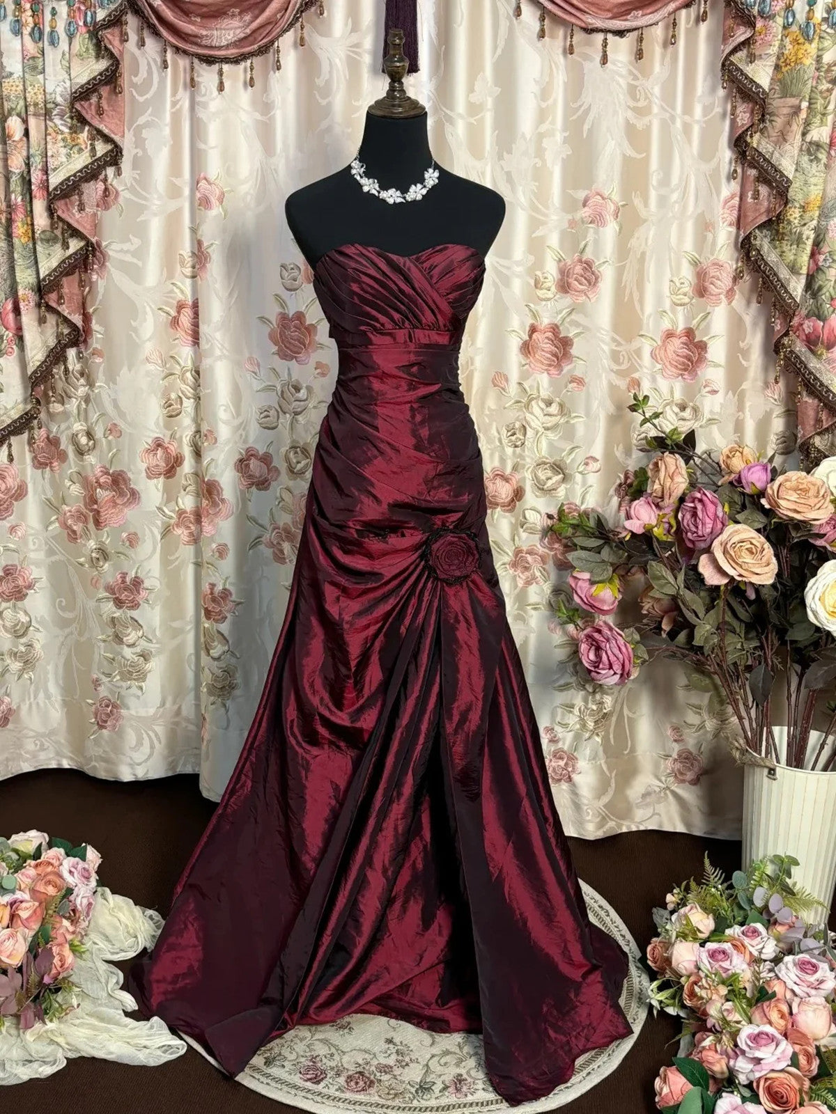 Wine Red Taffeta Scoop Long Classy Dress, Wine Red Taffeta A-Line Classy Prom Dress Classy Evening Dress Main image