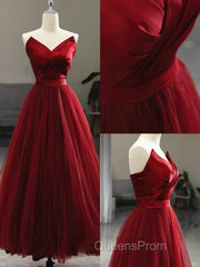 Wine Red Tea Length Tulle V-Neckline Evening Prom Dress, Wine Red Tulle Party Dress