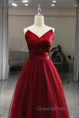 Wine Red Tea Length Tulle V-Neckline Evening Prom Dress, Wine Red Tulle Party Dress