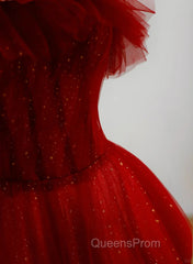 Wine Red Tull A-Line Scoop Long Evening Prom Dress, Wine Red Tulle Evening Dress