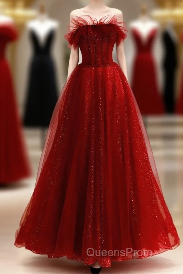 Wine Red Tull A-Line Scoop Long Evening Prom Dress, Wine Red Tulle Evening Dress Main image