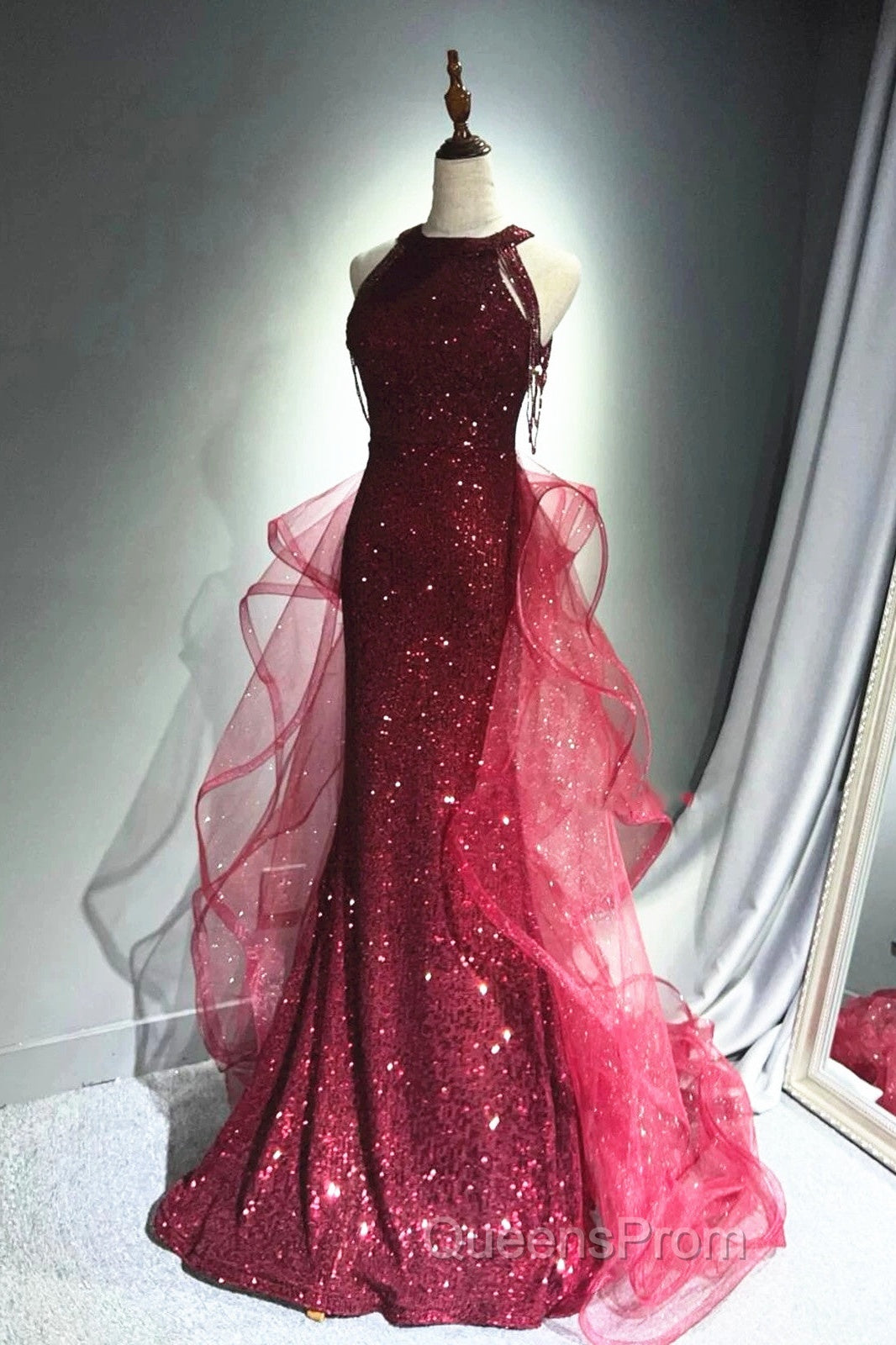 Wine Red Tulle And Sequins Halter Long Party Dress, Wine Red New Style Evening Prom Dress Secondary image