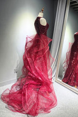 Wine Red Tulle And Sequins Halter Long Party Dress, Wine Red New Style Evening Prom Dress