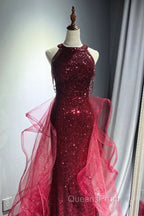 Wine Red Tulle And Sequins Halter Long Party Dress, Wine Red New Style Evening Prom Dress