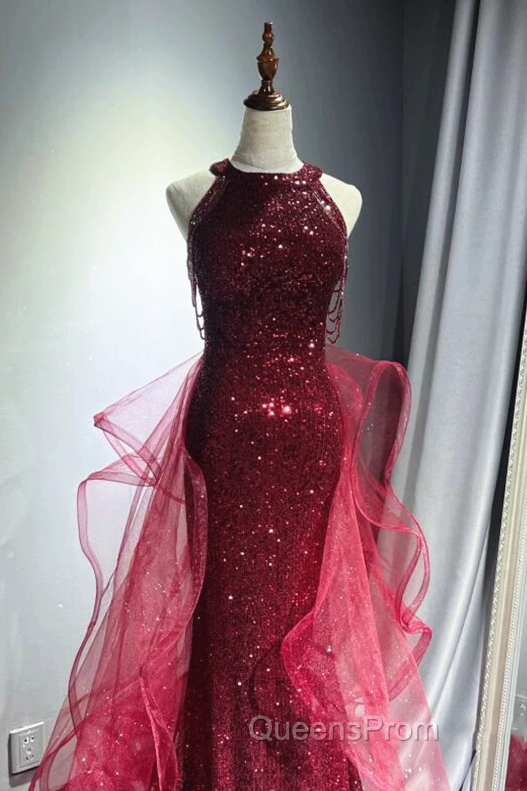 Wine Red Tulle And Sequins Halter Long Party Dress, Wine Red New Style Evening Prom Dress
