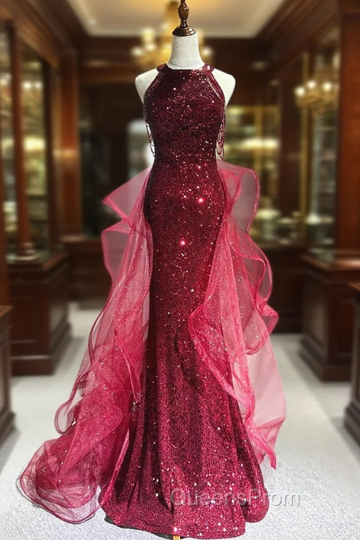 Wine Red Tulle And Sequins Halter Long Party Dress, Wine Red New Style Evening Prom Dress Main image