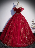 Wine Red Tulle Ball Gown Beaded Sweetheart Party Dress, Wine Red Evening Prom Dress