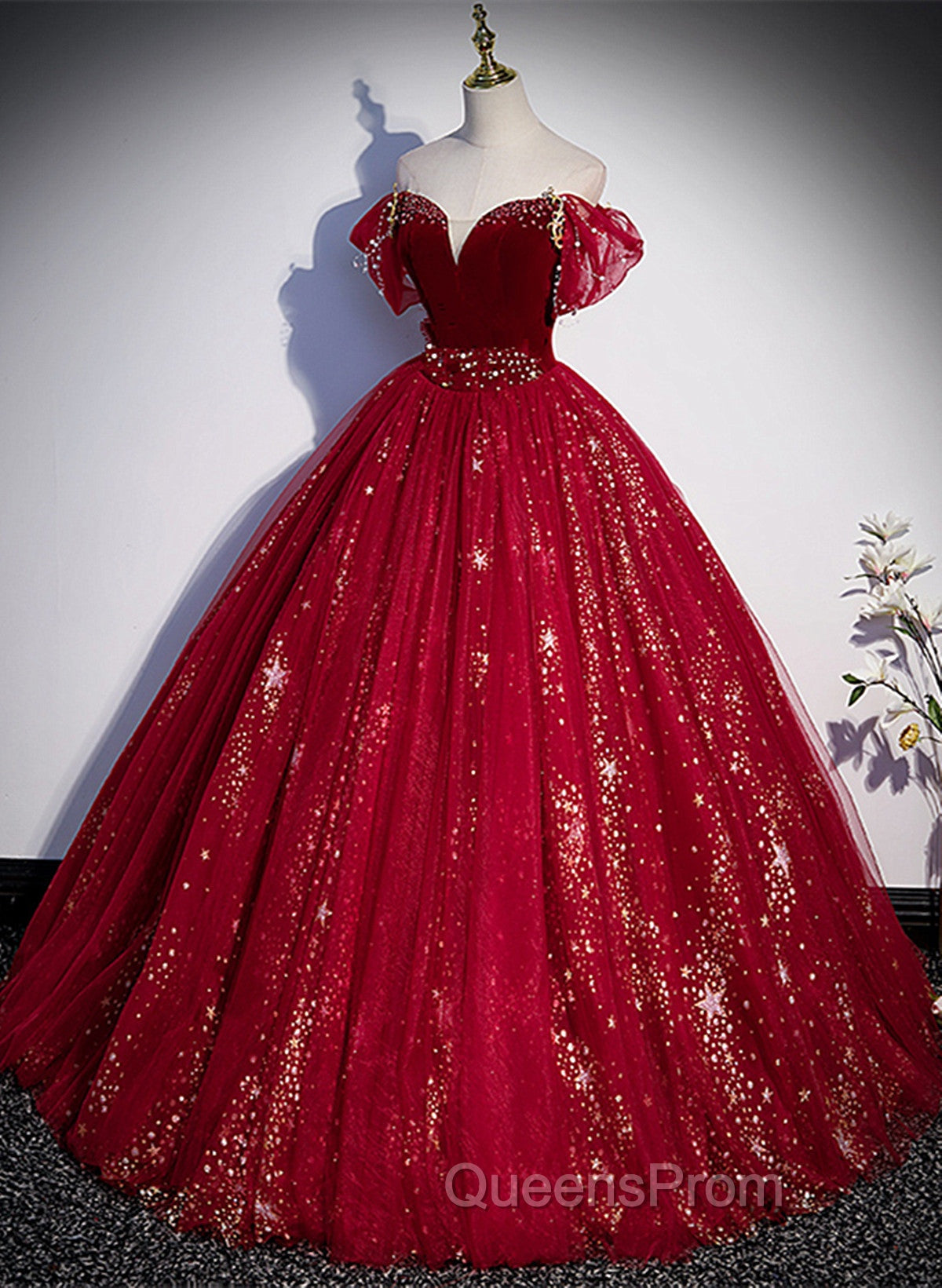 Wine Red Tulle Ball Gown Beaded Sweetheart Party Dress, Wine Red Evening Prom Dress