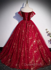 Wine Red Tulle Ball Gown Beaded Sweetheart Party Dress, Wine Red Evening Prom Dress