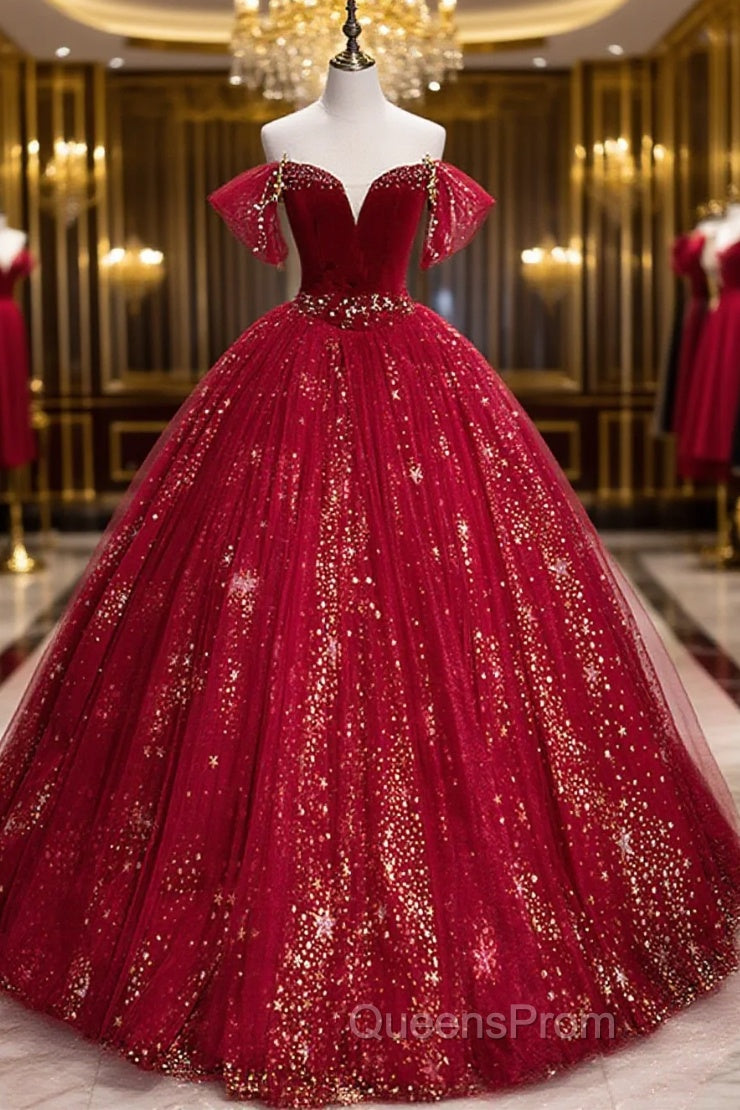 Wine Red Tulle Ball Gown Beaded Sweetheart Party Dress, Wine Red Evening Prom Dress Main image