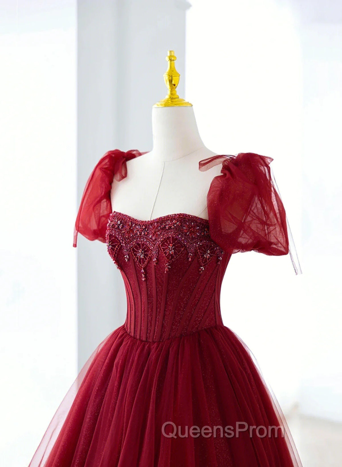 Wine Red Tulle Beaded Long Evening Prom Dress, A-Line Sweetheart Formal Evening Dress Secondary image